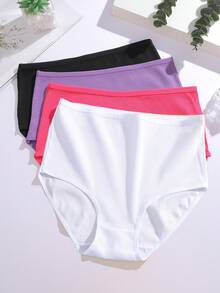 FINETOO 4pcs Pure Cotton Tummy Control Comfortable Ribbed Solid Color High Waist Women's Triangle Panties, Plus Size Women's Underwear, Size S-XXXL - Multicolor - View 3