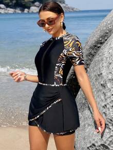 Conjunto Traje De Baño De 2 Pieza Con Estampado Tropical Y Empalme Para Mujer,Ideal Para Vacaciones Y Playa - Negro - Ver 3