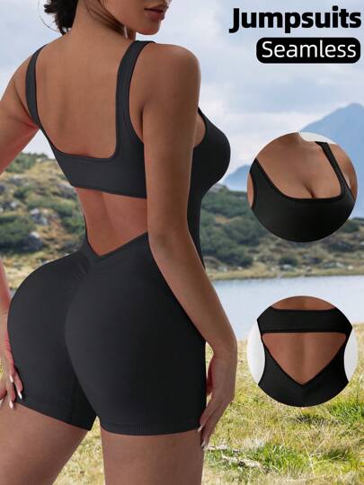 Czarny damski kombinezon sportowy na świeżym powietrzu, jednolity kolor, bezszwowy kombinezon fitness