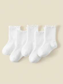 5 pares de calcetines de media caña con adorno de encaje para niños, estilo escolar, calcetines de unicolor con estampado de dibujos animados simples, suaves y cómodos, versátiles, adecuados para Navidad, regalos festivos, uso diario, vuelta al colegio, salidas, relajación en casa