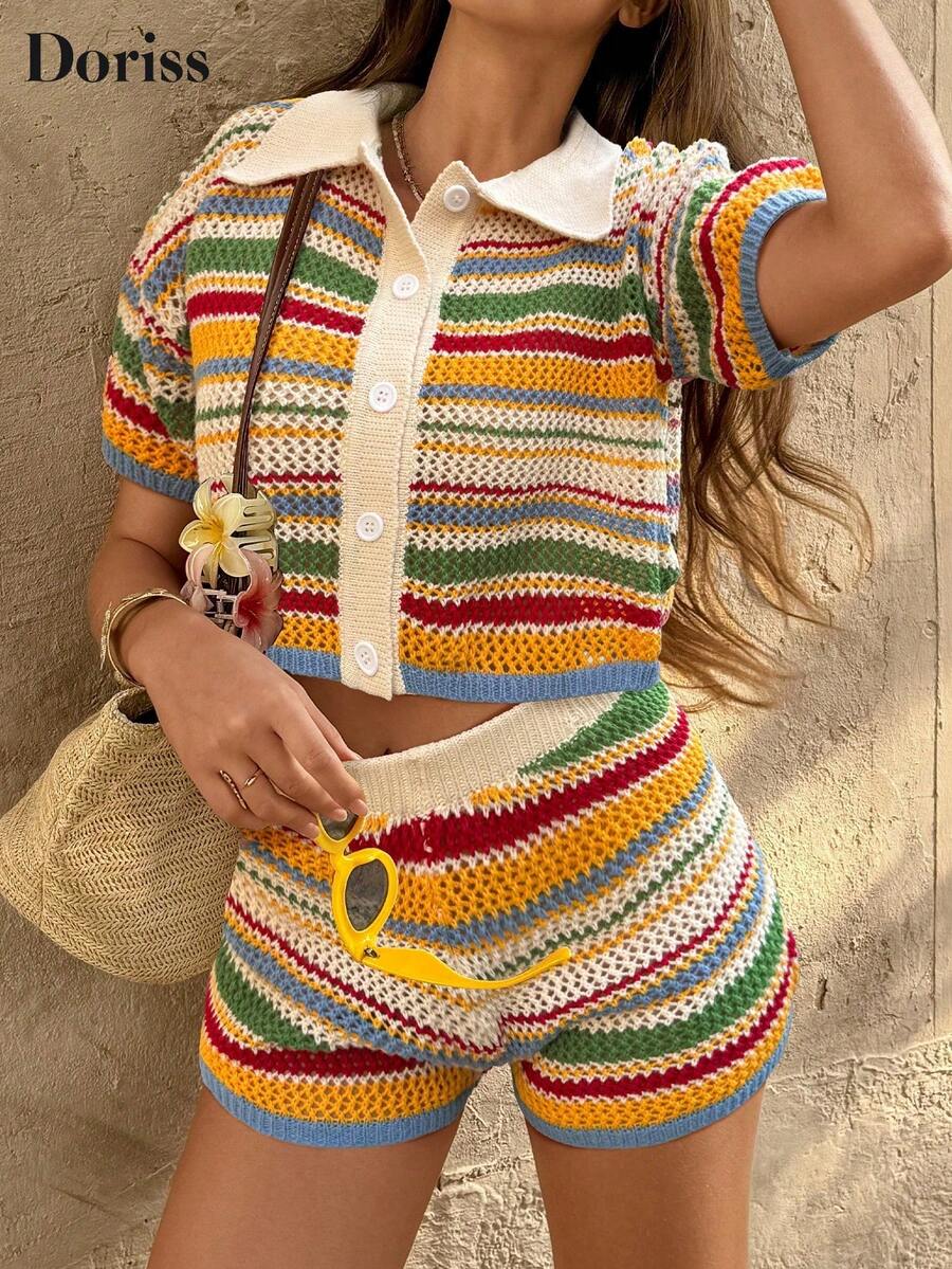 Doriss 两件套度假风条纹套装，情人节装扮，优雅女士装扮，海滩装扮，感恩节装扮，毕业典礼装扮，音乐会装扮，女士早午餐装扮，节日装扮 - 彩色 - 查看 1
