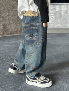 男童宽松直筒牛仔裤，适合秋季休闲、上学、户外穿着