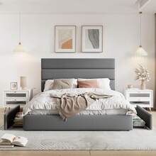 Allewie Full/Queen/King Size Platform Bed Frame With 4 Storage Drawers And Velvet Upholstered Headboard, Wooden Slats Support, Upholstered Mattress Foundation/No Box Spring Needed/Easy Assembly, Grey - 灰色 - 查看 2