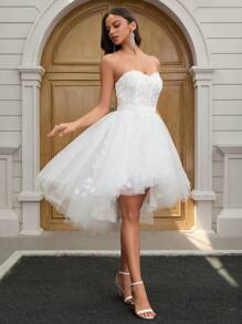 YUMIBRAVO Ballet Style White Dresses For Women Elegant Wedding Dress Romantic Appliques Wedding Dress Bridal Short Prom Dress Low Hem Graduation Dress Ball Gowns Woman Formal Dress Elegant Bridal Dresses For Summer Wedding Party