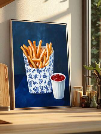 1pc French Fries, Stylish Blue Wall Art, Fun Kitchen Decor, Fast Food Art, Fun Still Life Painting, Vintage Fancy Snack Bar Cart Art Dorm Room Decor, Stylish Wall Decor For Living Room, Bedroom, Dorm, Apartment, Dining Room, Kitchen And Other Modern Home Decor, Frameless