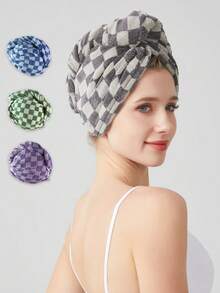 1pc Coral Fleece Black & White Checker Soft, Absorbent, Quick Dry Hair Towel Turban Wrap For Women, Size 25*65 Home Bathroom Decor Back To School Hair Bonnet Shower Towels For Beauty Salon, Hotel Sports, Home Essentials, Towel, Skin Care - Black and White - View 1