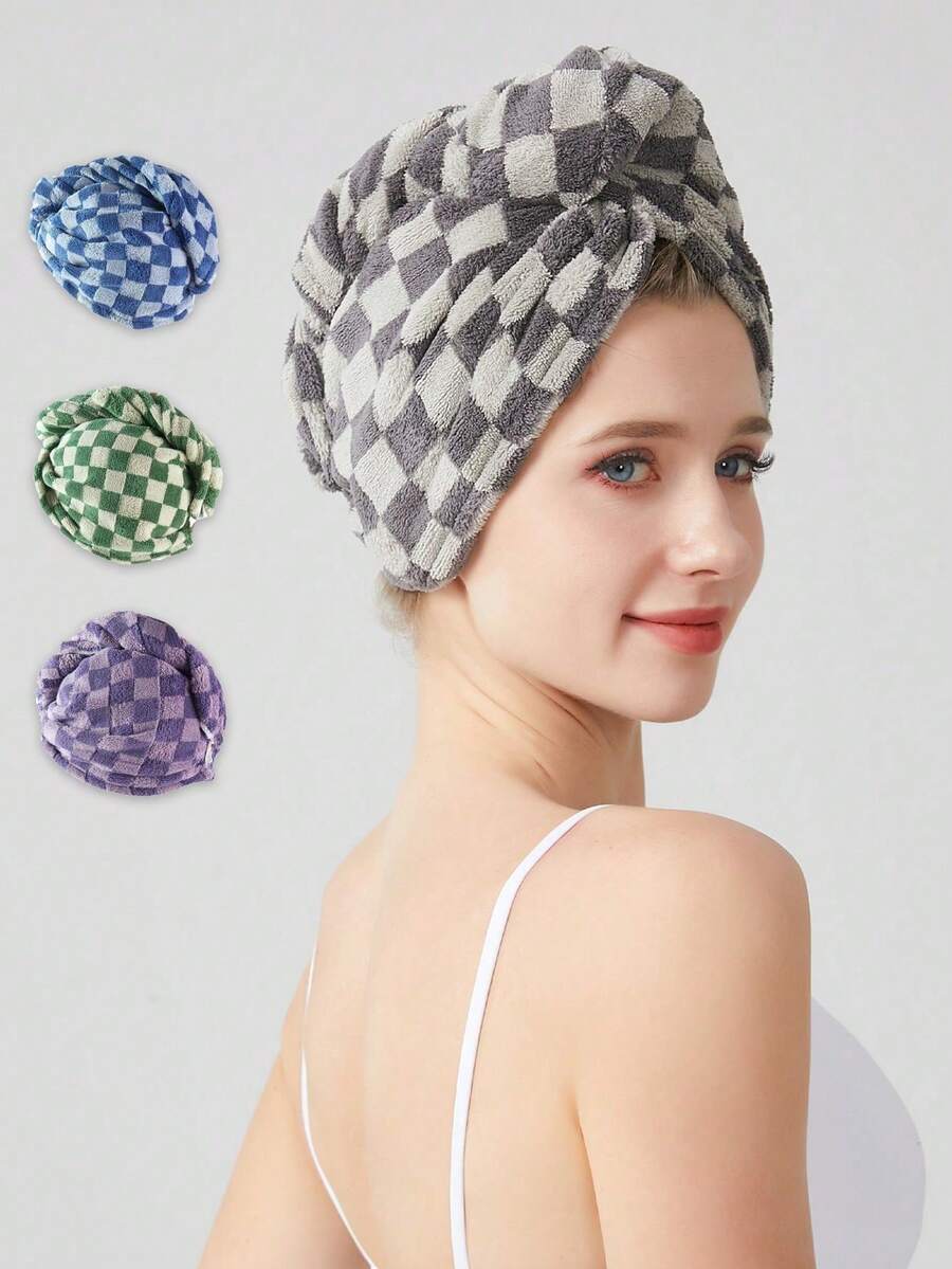 1pc Coral Fleece Black & White Checker Soft, Absorbent, Quick Dry Hair Towel Turban Wrap For Women, Size 25*65 Home Bathroom Decor Back To School Hair Bonnet Shower Towels For Beauty Salon, Hotel Sports, Home Essentials, Towel, Skin Care - Black and White - View 1