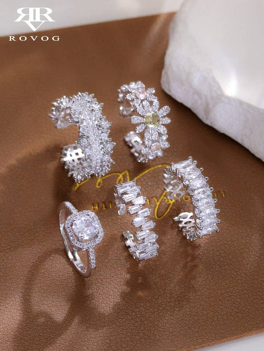 5pcs Elegant Cubic Zirconia Flower Open Copper Ring Set, Suitable For Women's Daily, Party And Wedding Wear - Silver - View 1