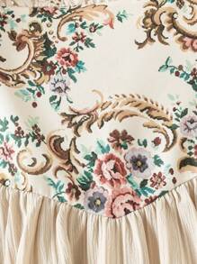 Girls' Casual Elegant Vintage Square Neck Puff Sleeve Floral Print A-Line Dress, Spring/Autumn