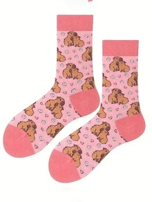1/3 Pairs Pink Capybara Pattern Socks, Suitable For Daily Wear, Handwash, Cute Design With Anti-Slip And Moisture-Wicking Features - Multicolor - View 8