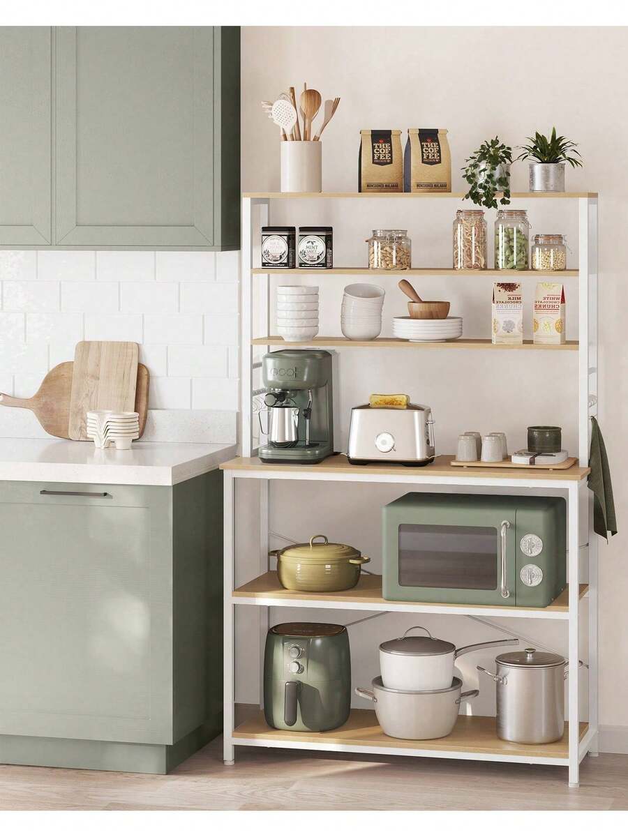 Kitchen Storage Rack, Coffee Bar, Baker's Rack, Total 6 Shelves And 6 Hooks, For Microwave, Steel Frame, Industrial, 40 X 100 X 167 Cm, Oak Colour And White - Kuning - View 1