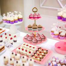 10pcs Cake Rack Set, Including 3 Double Layered Cupcake Racks+3 Triple Layered Cupcake Racks+4 Appetizer Trays, Suitable For Party And Christmas Party Tabletop Decoration, New Year Celebration - Hồng - Xem 2