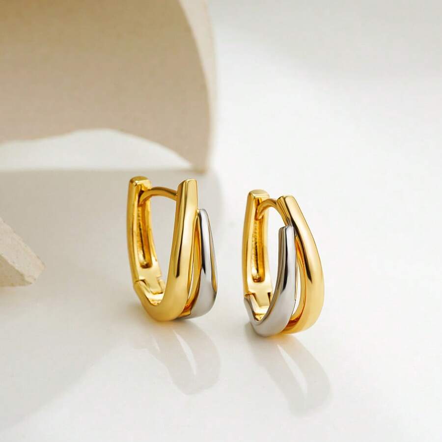 1 Đôi bông tai hình chữ U tối giản, hình học bất đối xứng, mạ vàng 18K và bạc, kiểu dáng trơn bóng, kèm bông tai vòng đan chéo hai màu đa năng. - bông tai - Xem 1