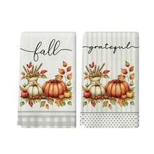 Un set de 2 bucăți de prosoape cu tematică de toamnă de Ziua Recunoștinței, concepute cu prosoape imprimate cu model de dovleac și frunze de arțar, lavabile la mașină, rezistente la căldură, absorbante și reutilizabile, potrivite pentru decorarea camerei, prosoape de bucătărie și baie, decorarea petrecerilor, decorarea casei, fiind un cadou ideal pentru toamnă și Ziua Recunoștinței. - Multicolor - Vizualizare 18