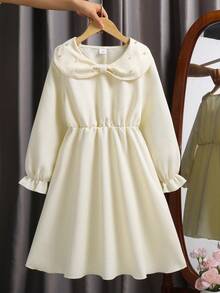 Robe casual à manches longues col claudine pour filles, robe élégante avec taille cintrée et décoration de perles, couleur abricot, convient pour l'automne/l'hiver