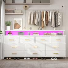 55-Inch Wide Dresser With 10 Fabric Drawers, TV Stand With LED Lights & Power Outlets - Metal Frame Large Dresser For Bedroom, Ivory White - Xem 1