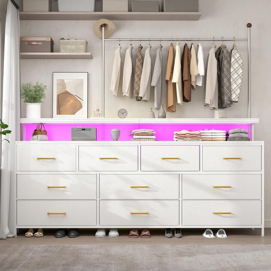 55-Inch Wide Dresser With 10 Fabric Drawers, TV Stand With LED Lights & Power Outlets - Metal Frame Large Dresser For Bedroom, Ivory White - Xem 1