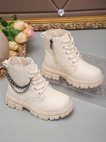 1 Pair White Fashion Anti-Slip Wear-Resistant Side Zipper Chain Button Toddler & Little Kids Boots
