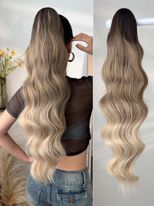 Women's 26-28 Inch Drawstring Ponytail Hair Extension, Long Wavy Synthetic Ponytail Clip-In Wig, Suitable For Daily Wear (Brown Mixed With Gold Highlights)