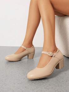 Women's Pumps Low Chunky Mary Jane Heels Closed Round Toe Solid Color Comfortable Dating Work Dress Shoes