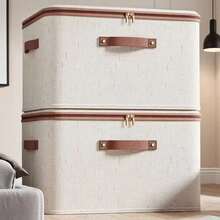 1pc Linen Fabric Storage Box With Zipper Lid, Foldable & Washable Closet Organizer Container - Beige - View 3