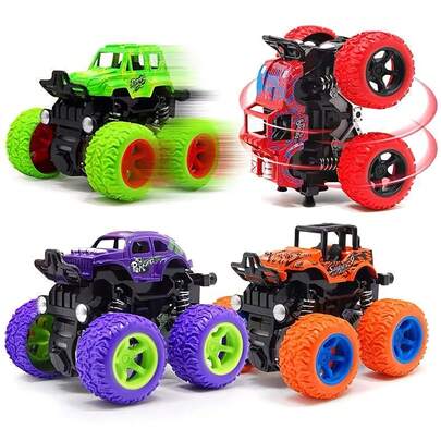 4pcs Friction-Powered Monster Trucks For Youngsters 3+ | Push & Go, Double-Direction Inertia Cars With 360° Rotation | Durable Pull Back Vehicle Set - Perfect Birthday Gift