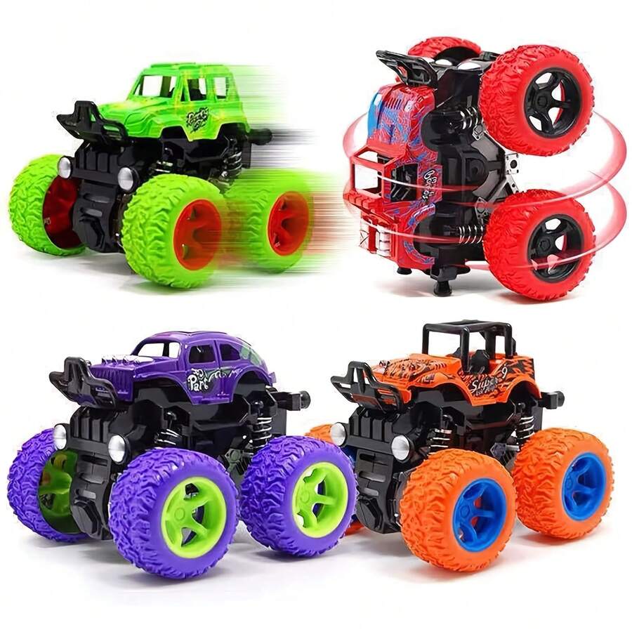 4pcs Friction-Powered Monster Trucks For Youngsters 3+ | Push & Go, Double-Direction Inertia Cars With 360° Rotation | Durable Pull Back Vehicle Set - Perfect Birthday Gift