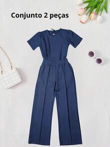 Conjunto Infantil Feminino 2 Peças – Blusa Manga Curta e Calça Pantalona com Elástico- ESTILO BLOGUEIRNHA - Azul Marinho - Visão 1