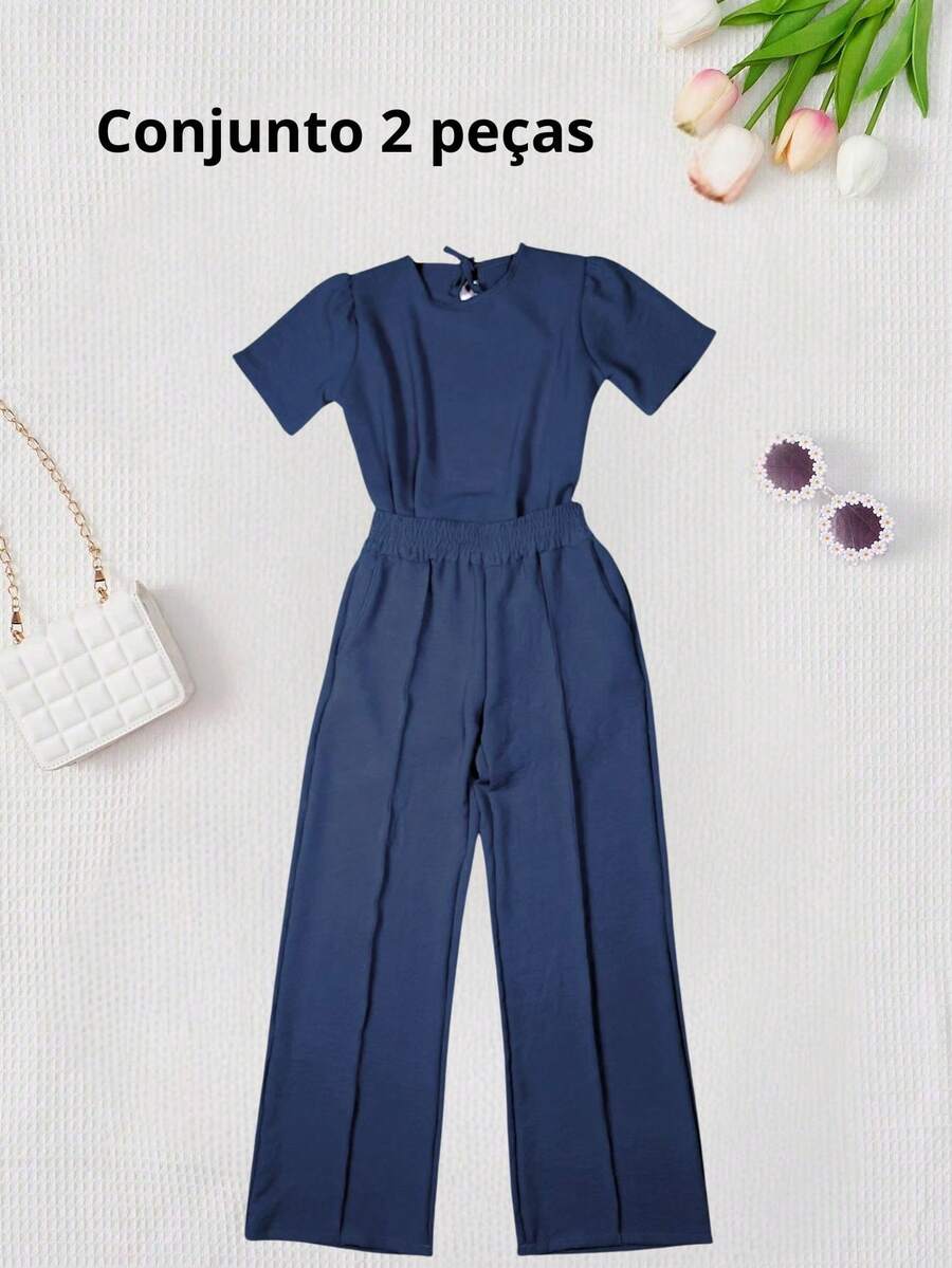 Conjunto Infantil Feminino 2 Peças – Blusa Manga Curta e Calça Pantalona com Elástico- ESTILO BLOGUEIRNHA - Azul Marinho - Visão 1