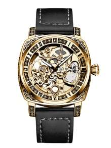 1pc Men's Black Leather Strap Gold Case Vintage Engraved Design Luminous Hollow Tourbillon Automatic Mechanical Watch