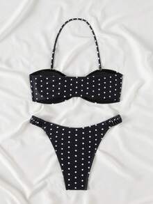 女士性感黑色圆点比基尼套装 - 黑與白 - 查看 6