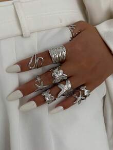 9pcs Bohemian Ocean Style Metal Starfish, Shell, Coral Rings, Elegant Gold Flower Rings, Personalized Multi-Element Geometric Hollow Rings Set, Adjustable Open Rings, Suitable For Women's Daily Dates, Beach Vacations, Party Decorations, Holiday Gifts - 9-piece Ring Set - View 5