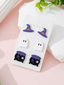 Set de 3 pares de aretes de joyería de moda para mujer con diseño de sombrero de bruja y fantasma esmaltado de cerámica falsa, regalo perfecto para fiestas y reuniones