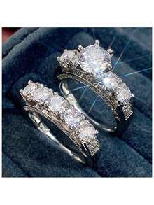2 件/套奢华时尚圆形切割白色锆石女士婚礼订婚派对戒指