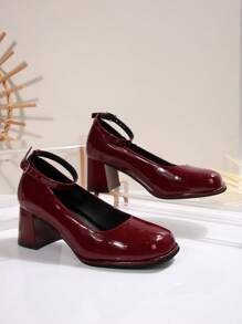 WiteFit 女士黑色漆皮时尚平底鞋，圆头厚底玛丽珍防水厚底鞋，适合所有季节