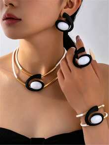 5pcs/Set Fashion European And American Exaggerated Black And White Necklace, Earrings, Bracelet, Ring Jewelry Set, Faux Pearl Decorative Design Accessories - Yellow Gold - View 28