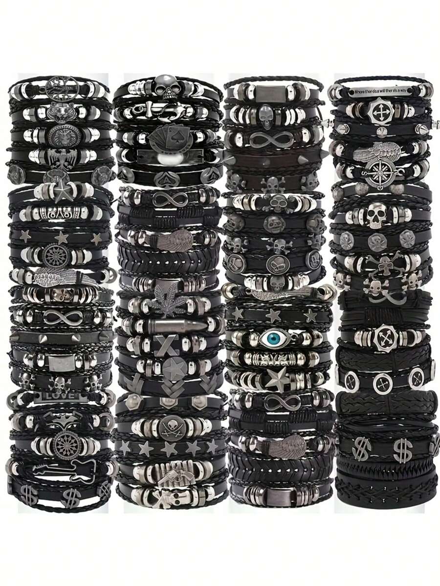 10/20/30Pcs Edgy Punk Rock Multi-Layer Stackable Faux Leather Bracelet Set With Skull Spike Infinity Symbol Design - For Men Teen And Halloween Gifts Creative Metal Dots Fashion Jewelry - Black - View 1