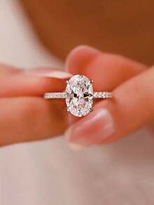 奢华欧美四爪仿莫桑石钻石戒指，椭圆形鸽蛋形，女士 - 彩色 - 查看 13