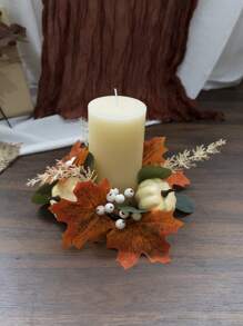 1 pieza Anillo de vela artificial de hoja de arce de Acción de Gracias con bayas y calabaza, decoración floral realista de vid de otoño para puerta, centro de mesa, decoración del hogar de cosecha