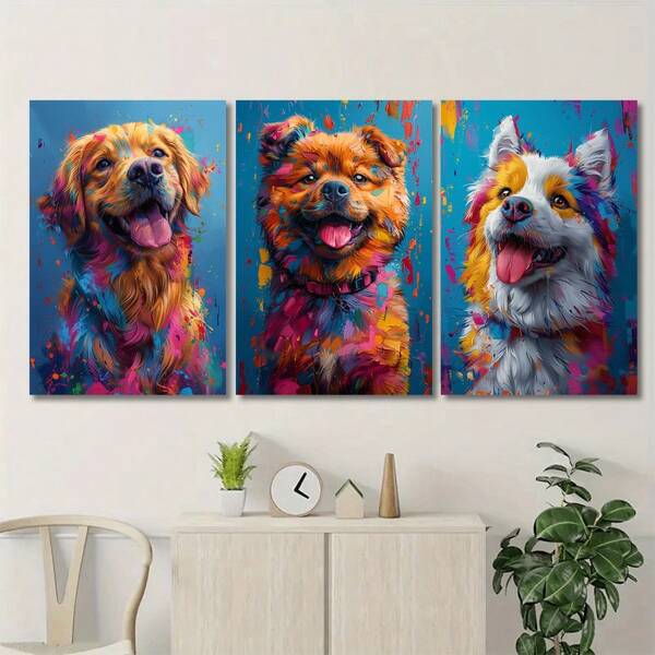 3 sets levendige canvas kunstafdrukken van vrolijke honden - zonder lijst, levendige portretten van huisdieren, moderne wanddecoraties met dierenthema, geschikt voor woonkamers en slaapkamers, kleurrijke huisdecoratie, houten lijsten, moderne stijl, hondendecoratie, perfecte kamerdecoratie
