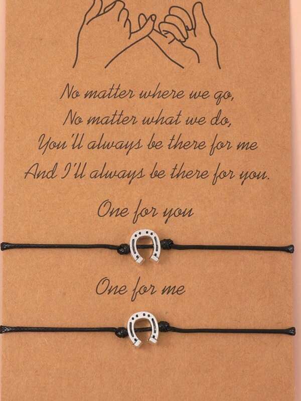 2pcs Alloy U-Shaped Horseshoe Waxed Cord Braided Bracelet, Adjustable, Personalized Card, Couples Bracelet