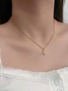 1 件三叶草水钻吊坠项链，奢华优雅的设计，适合女性日常佩戴 - 金黃色 - 查看 2