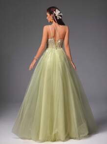 VIPGIRL Mint Green Sequin Sheer Asymmetric Formal Evening Gown, High Slit Design, Shiny Formal Maxi A-Line Prom Dress, Suitable For Women, Formal Occasions, Bridesmaids, Pageants, Wedding Guests - Lime Green - View 3