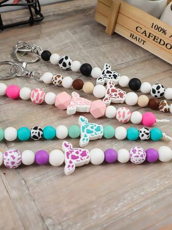 1pc Western Bohemian Style Cow Print Silicone Bead Keychain, Backpack Charm Accessory, Key/Car Key Anti-Lost Hanging Decor, Gift For Friends, Family, Couples Bag Charms Car Teacher Sister Gift Ideas