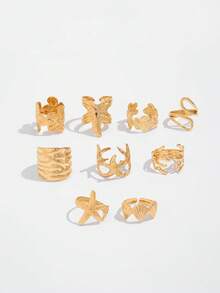 9pcs Bohemian Ocean Style Metal Starfish, Shell, Coral Rings, Elegant Gold Flower Rings, Personalized Multi-Element Geometric Hollow Rings Set, Adjustable Open Rings, Suitable For Women's Daily Dates, Beach Vacations, Party Decorations, Holiday Gifts - 9-piece Ring Set - View 9