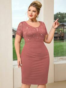 Plus Deep V-Neck Sequin Floral Lace Ruched Hem Bodycon Dress - Dusty Pink - View 6