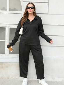 Athletic Plus-Size Women's Fall/Winter Set: Long-Sleeve Thumbhole Tops With Half-Bust Zipper & Drawstring Pants - Black - View 2