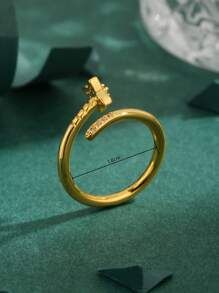 1pc High Quality European & American Cubic Zirconia Copper 18K Gold Plated Four-Leaf Clover Nail Star Ring, Women's Gift, Everyday Wear - Yellow Gold - View 2