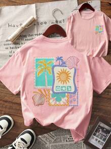 Tween Girls' Tropical Summer Print Short Sleeve T-Shirt, Student Youth Clothing, Summer Top Prepared For Young Girls Ready To Play - Pink - View 3