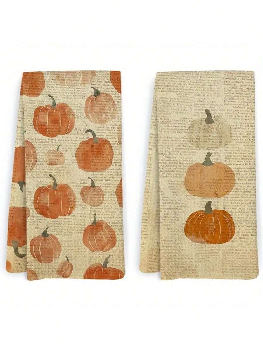 2pcs Vintage Autumn Pumpkin Kitchen Towels,Rustic Polyester Hand Towels With Pumpkin & Sunflower Design, Soft & Durable For Kitchen, Bathroom, And Home Decor, Autumn Home Decor | Decorative Towels | Texture, Kitchen Decor And Accessories - Multicolor - View 1